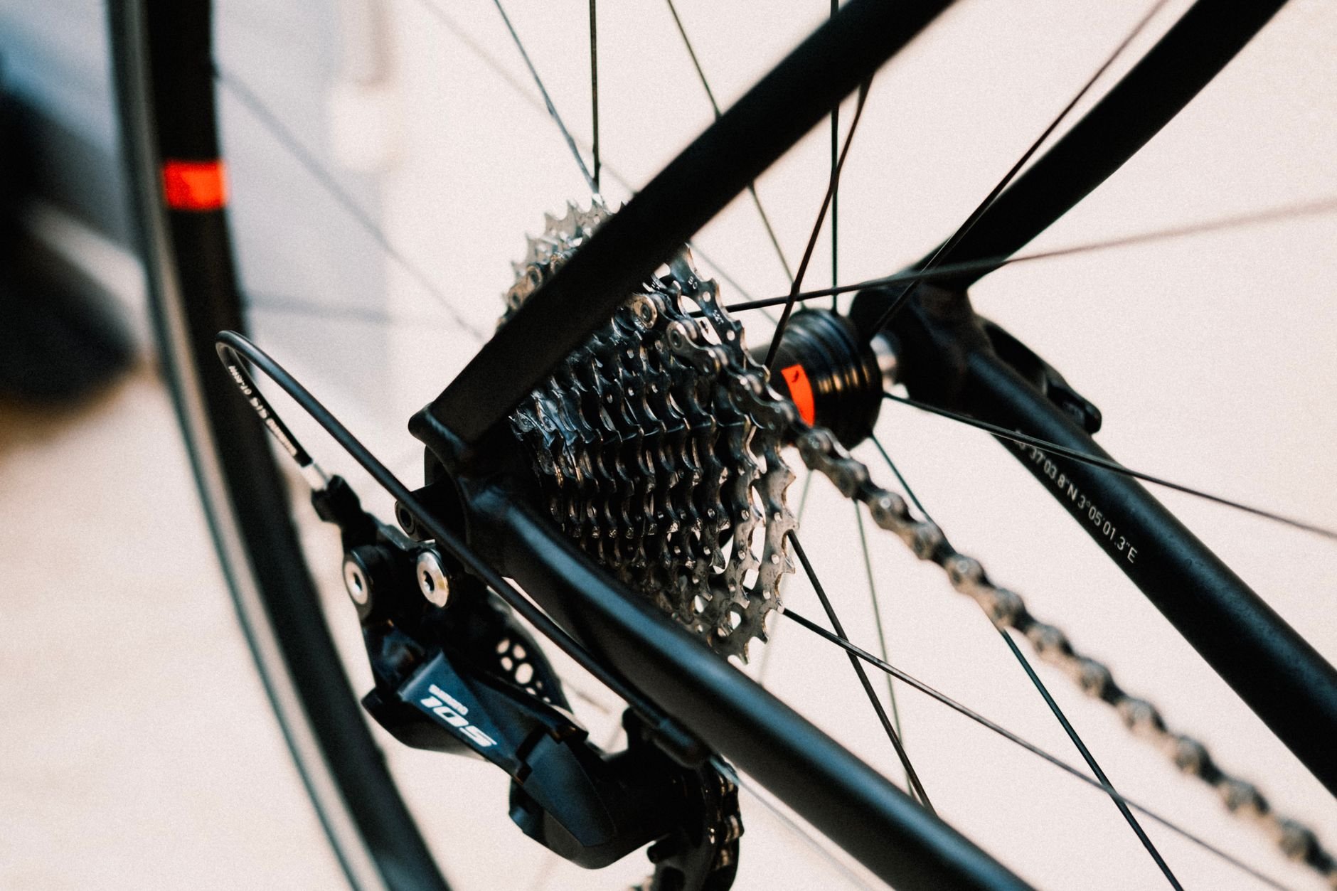 Close-up of a bicycle gear cassette and chain.